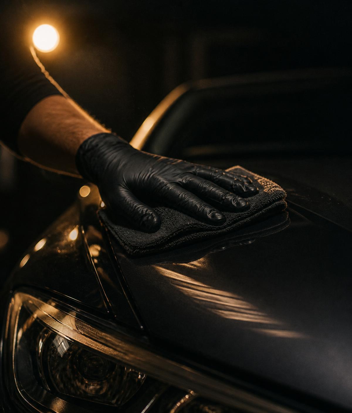 Detailing van donkere autolak bij warm licht
