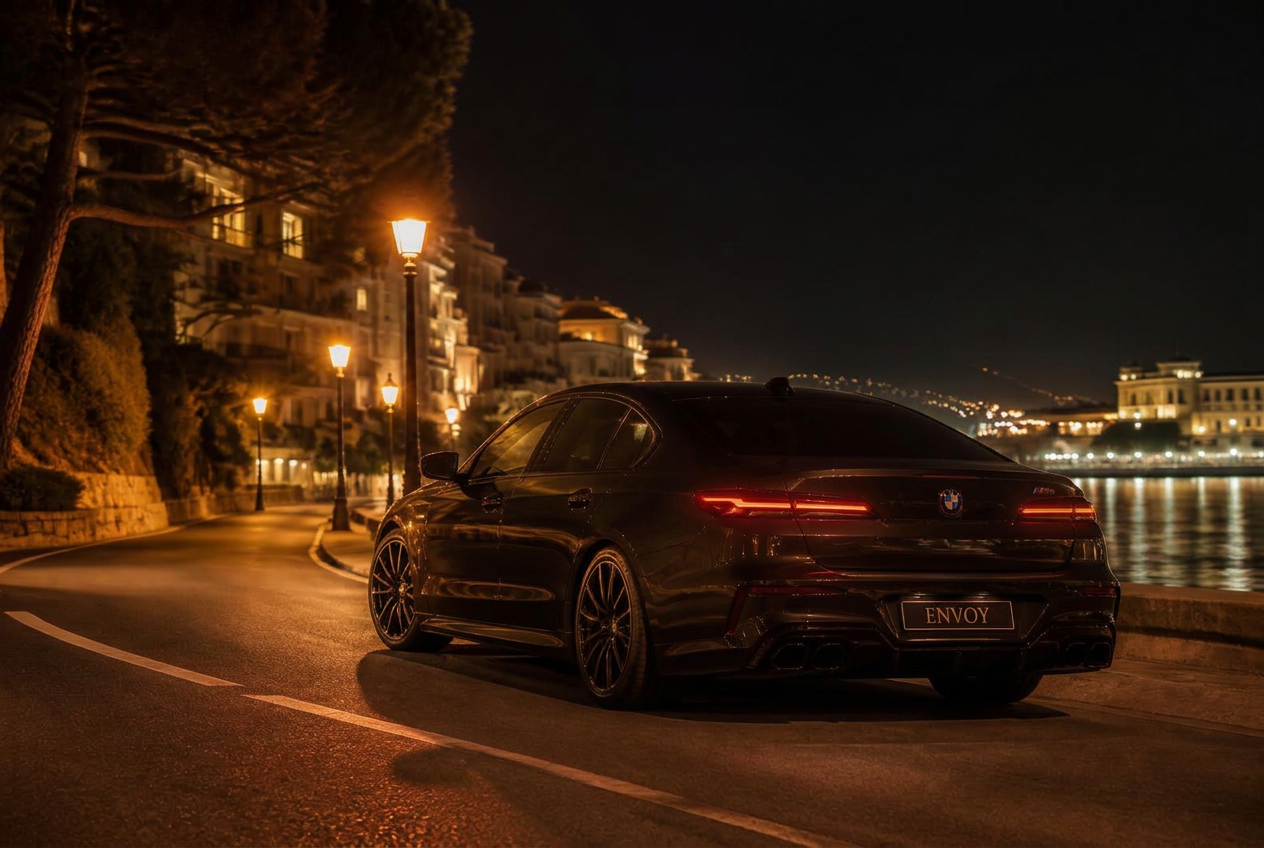 Donkere luxe auto bij nacht op een verlichte kustweg
