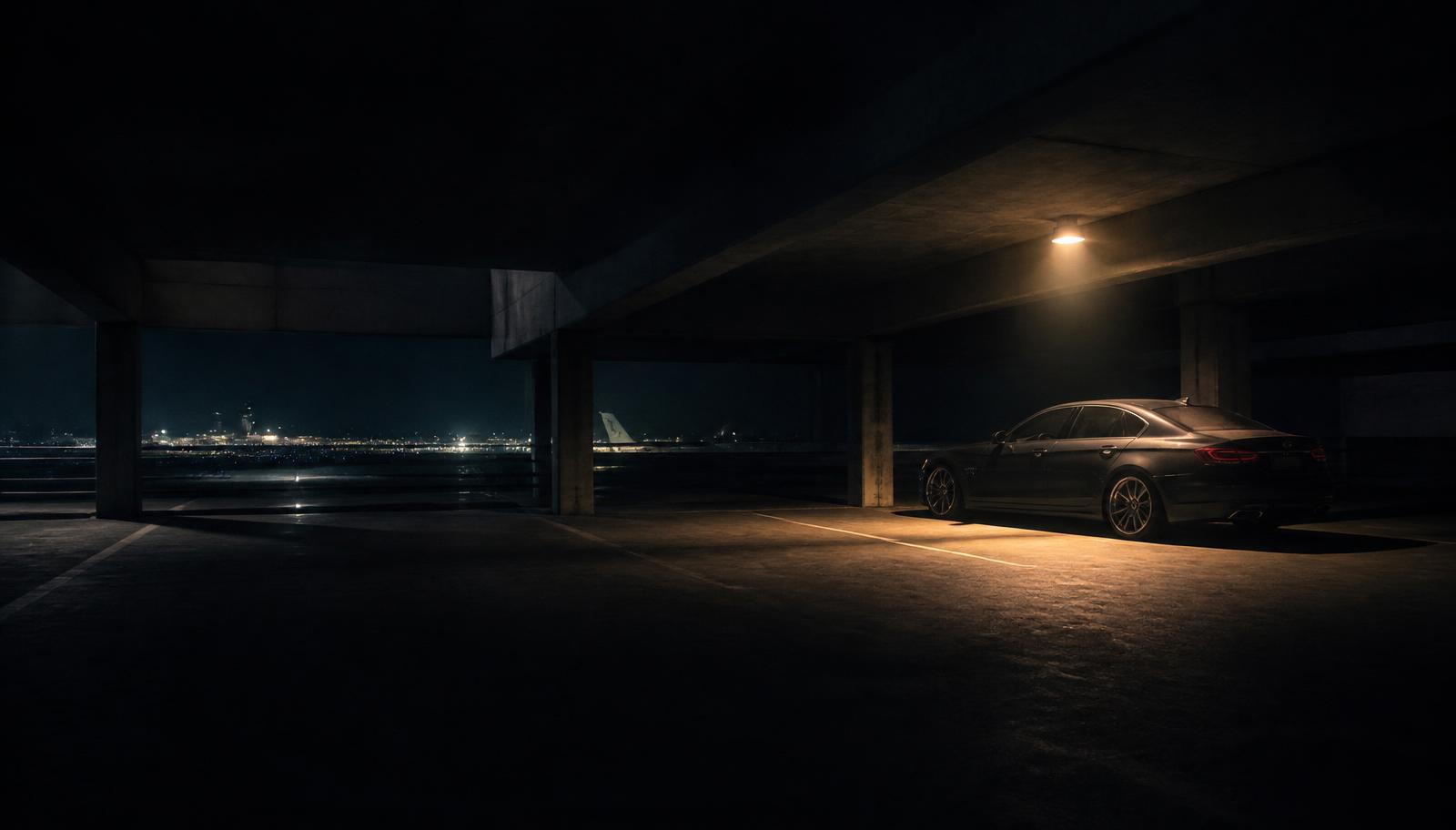 Donkere luxe auto bij nacht onder een enkele lamp